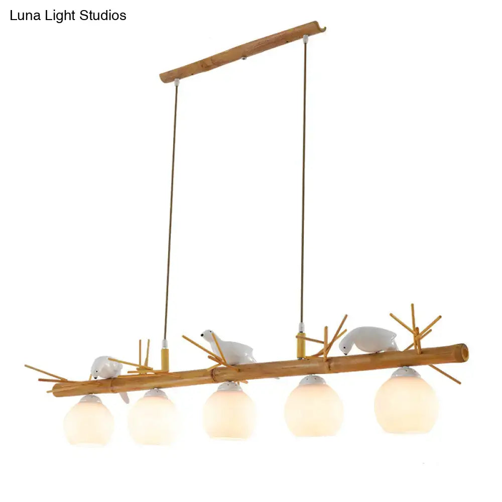 Rustic bamboo & white glass dome island light fixture dining room white bird deco