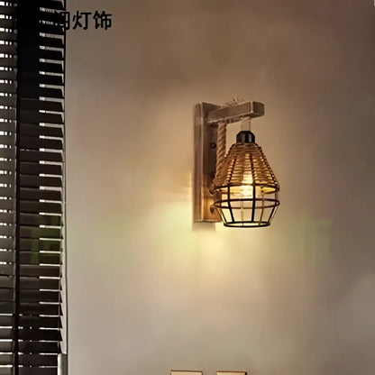Rustic bamboo wicker wall lamp – bedroom rattan sconce