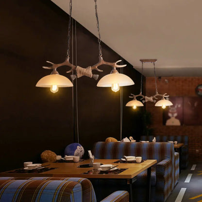 DecorBites™ Rustic Beige Glass Island Pendant Light with Antler Decor - Bowl Shape, 2 Bulbs, Ideal for Restaurant Ceilings