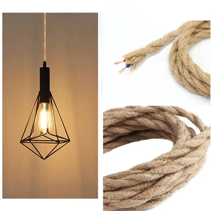 Rustic beige hemp rope pendant light cable living room woven cord