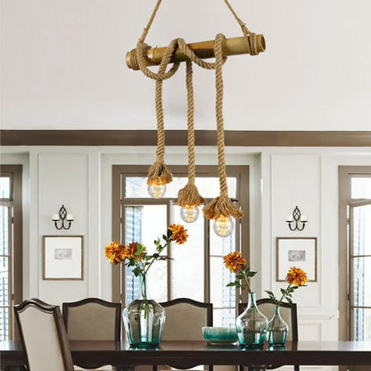 Rustic beige rope island light bamboo kitchen pendant