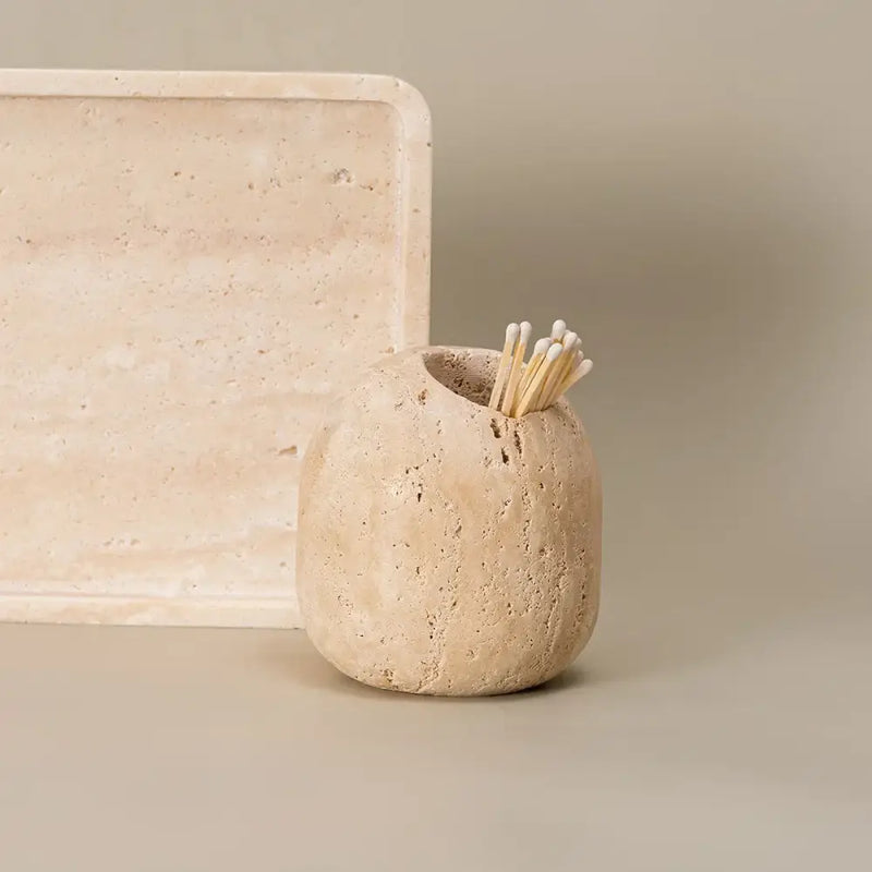 Rustic beige travertine match holder living room stone jar