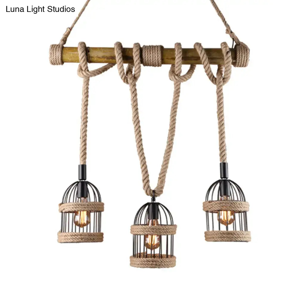 Rustic black birdcage ceiling light with jute rope for dining room