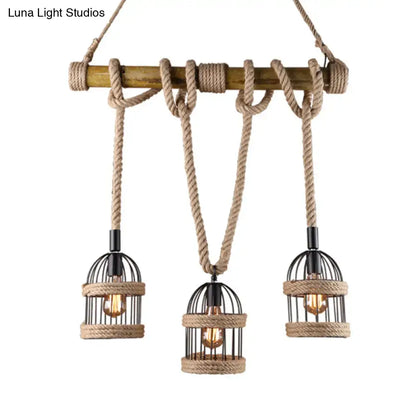 Rustic black birdcage ceiling light with jute rope for dining room