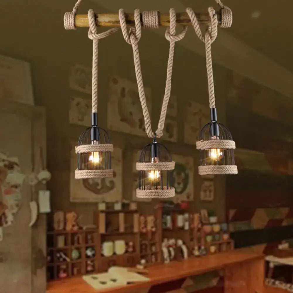 Rustic black birdcage ceiling light with jute rope for dining room