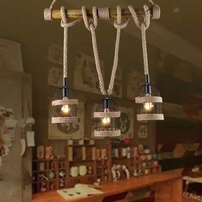 Rustic black birdcage ceiling light with jute rope for dining room