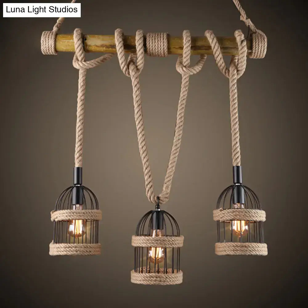 Rustic black birdcage ceiling light with jute rope for dining room