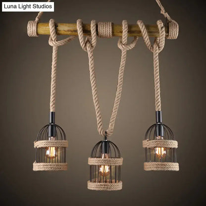 Rustic black birdcage ceiling light with jute rope for dining room
