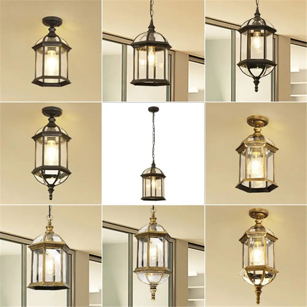 Rustic black & brass outdoor hanging lantern light patio fixture