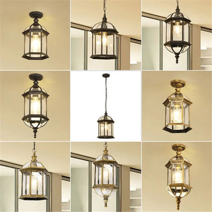 Rustic black & brass outdoor hanging lantern light patio fixture