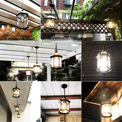Rustic black & brass outdoor hanging lantern light patio fixture