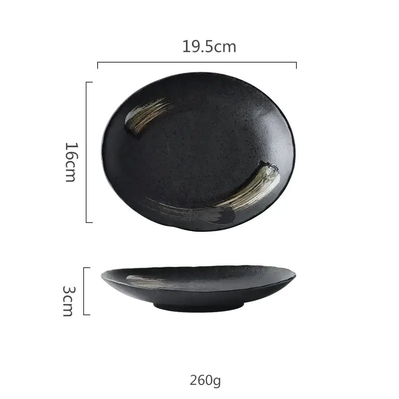 Rustic black ceramic sushi plate and bowl set dining room gold accent