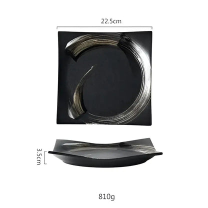 Rustic black ceramic sushi plate and bowl set dining room gold accent