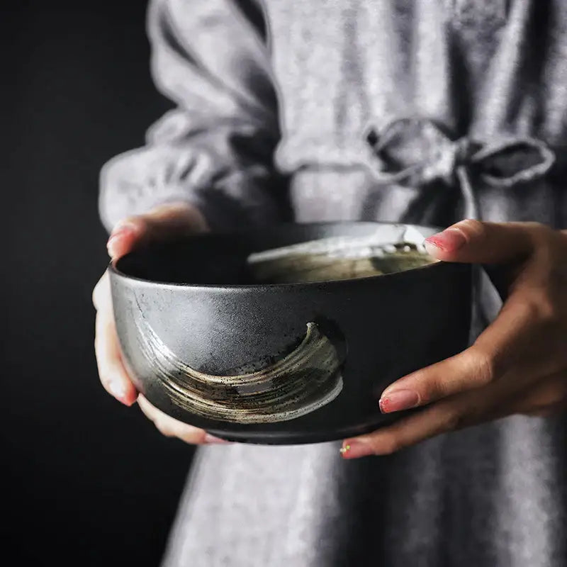 Rustic black ceramic sushi plate and bowl set dining room gold accent
