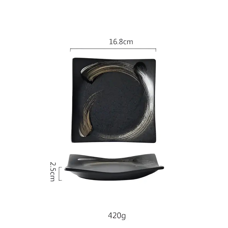 Rustic black ceramic sushi plate and bowl set dining room gold accent