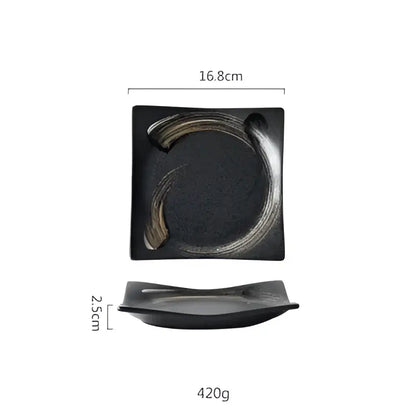Rustic black ceramic sushi plate and bowl set dining room gold accent