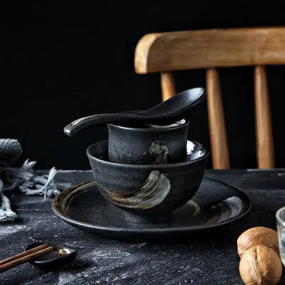 Rustic black ceramic sushi plate and bowl set dining room gold accent