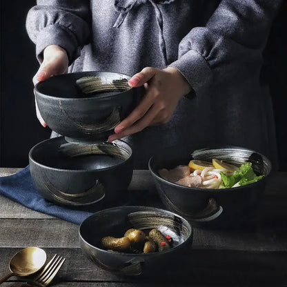 Rustic black ceramic sushi plate and bowl set dining room gold accent