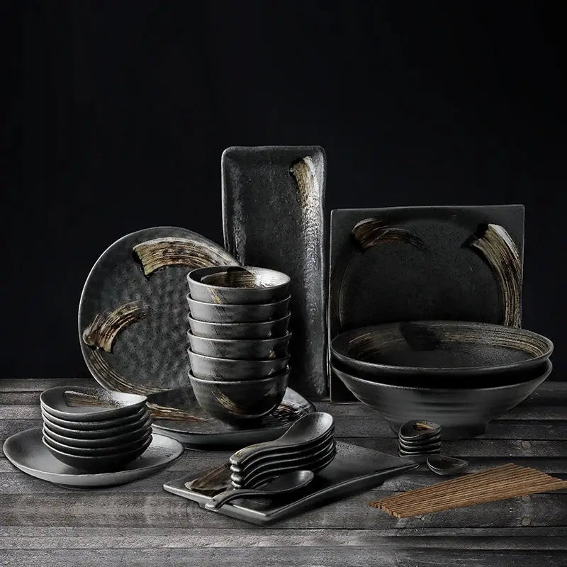 Rustic black ceramic sushi plate and bowl set dining room gold accent