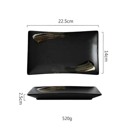 Rustic black ceramic sushi plate and bowl set dining room gold accent