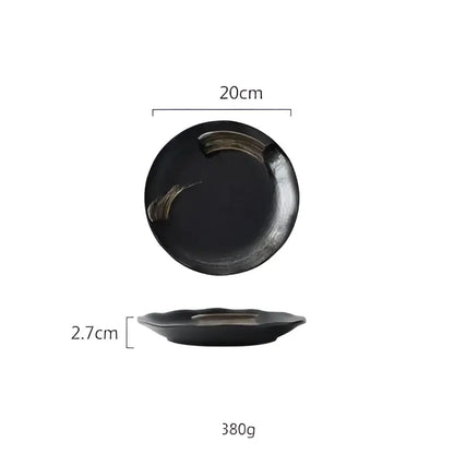 Rustic black ceramic sushi plate and bowl set dining room gold accent