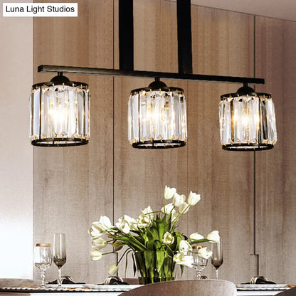 DecorBites™ Rustic Black Cylindrical Island Pendant with 3 Lights & Prismatic Crystal, Ideal for Tables