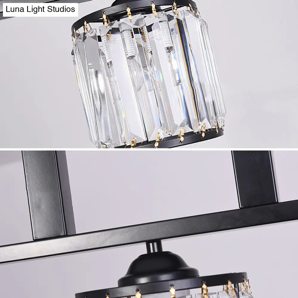 DecorBites™ Rustic Black Cylindrical Island Pendant with 3 Lights & Prismatic Crystal, Ideal for Tables