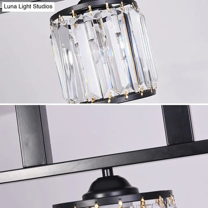 DecorBites™ Rustic Black Cylindrical Island Pendant with 3 Lights & Prismatic Crystal, Ideal for Tables