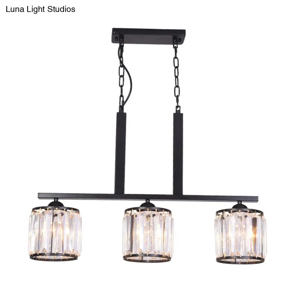 DecorBites™ Rustic Black Cylindrical Island Pendant with 3 Lights & Prismatic Crystal, Ideal for Tables
