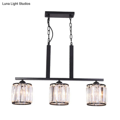 DecorBites™ Rustic Black Cylindrical Island Pendant with 3 Lights & Prismatic Crystal, Ideal for Tables