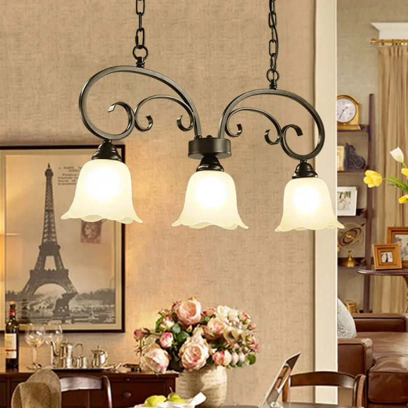 DecorBites™ Rustic Black Floral Swirls Pendant Island Lamp - 3 Lights, Frosted White Glass - Perfect for Restaurants