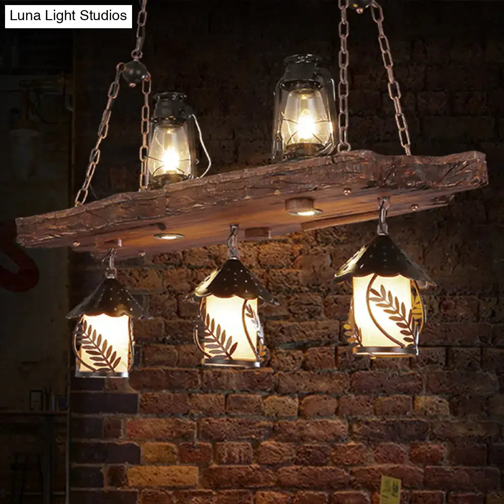 Rustic black wood lantern island ceiling light dining room amber glass