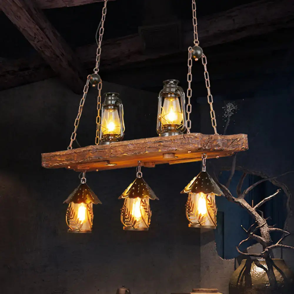 Rustic black wood lantern island ceiling light dining room amber glass