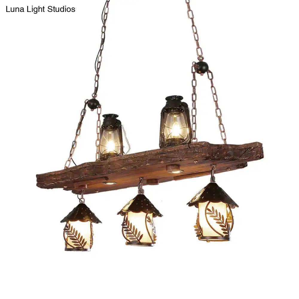 Rustic black wood lantern island ceiling light dining room amber glass