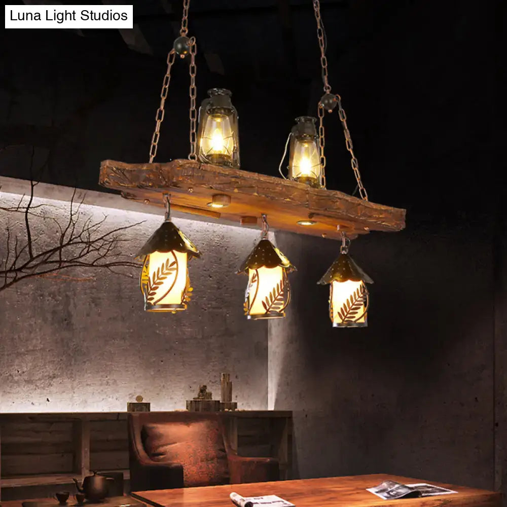 Rustic black wood lantern island ceiling light dining room amber glass