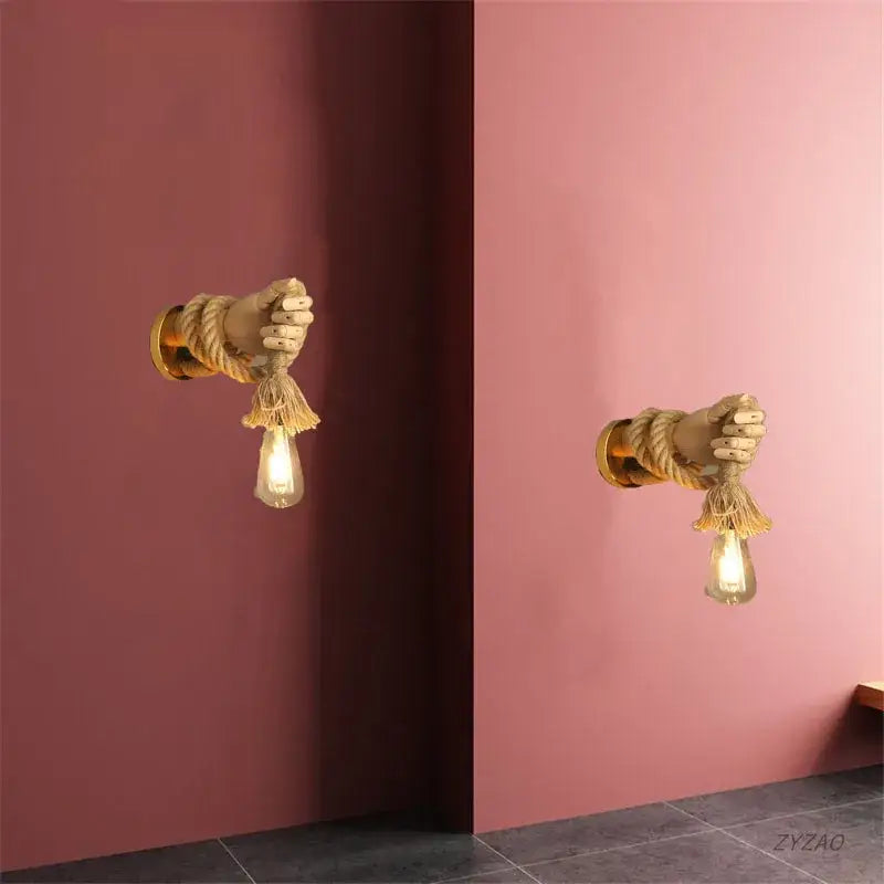 Rustic brass hand shape wall lamp bedroom hemp rope light