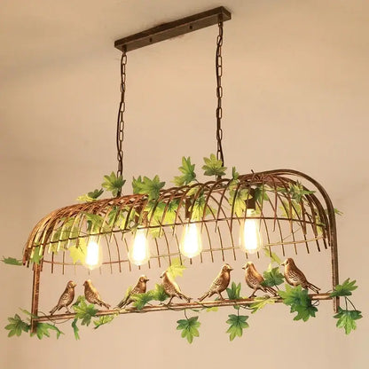 Rustic bronze green leaf bird cage chandelier dining room light