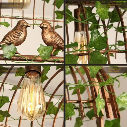 Rustic bronze green leaf bird cage chandelier dining room light