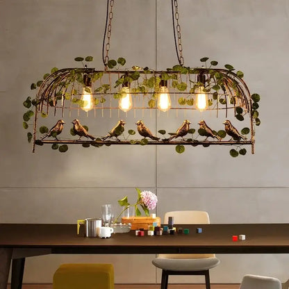 Rustic bronze green leaf bird cage chandelier dining room light