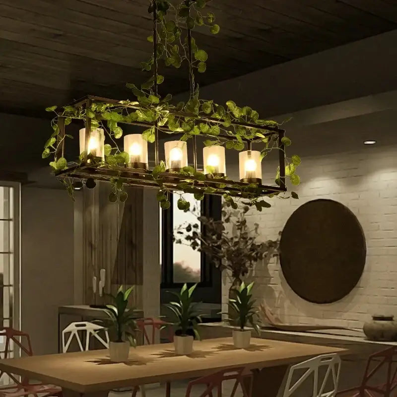 Rustic bronze iron bird cage chandelier dining room greenery light