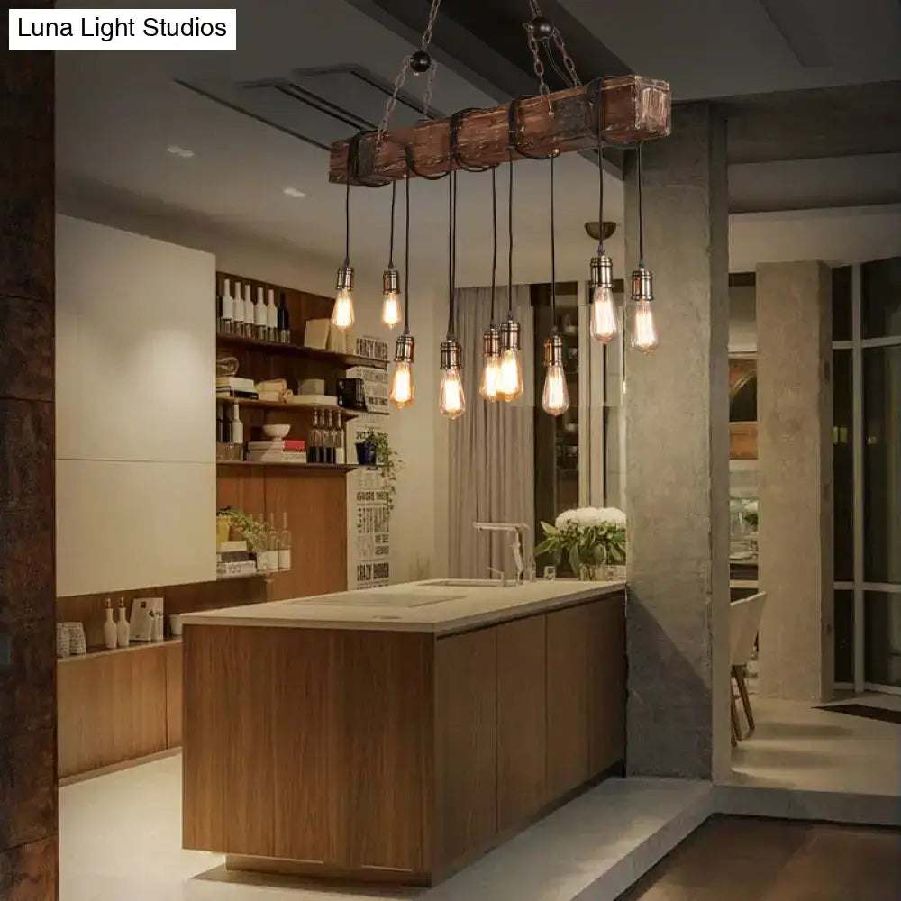 Rustic brown finish wood beam light fixture dining room pendant