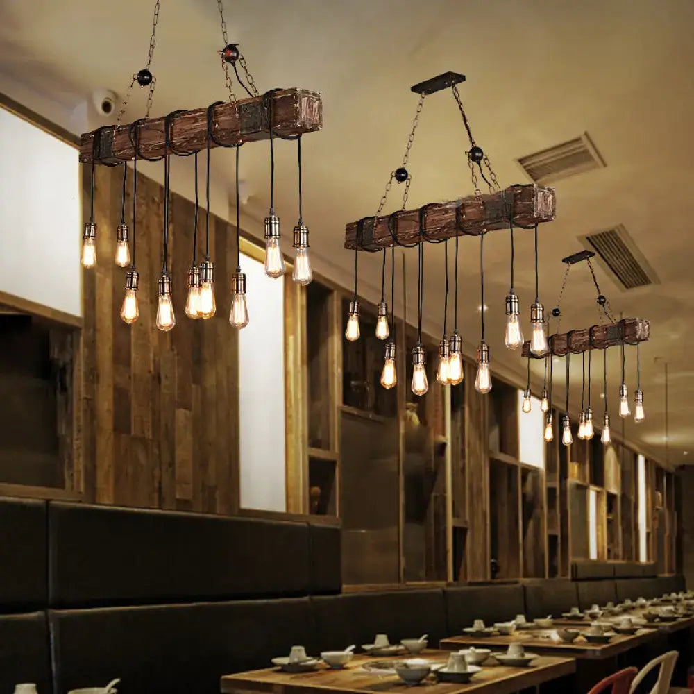 Rustic brown finish wood beam light fixture dining room pendant