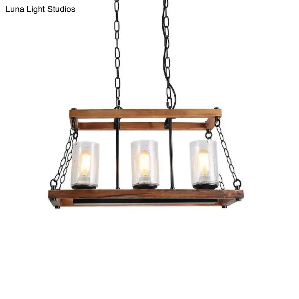 Rustic brown seeded glass island light with wooden trapezoid guard kitchen