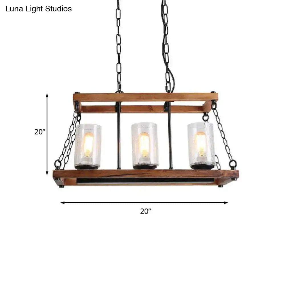 Rustic brown seeded glass island light with wooden trapezoid guard kitchen