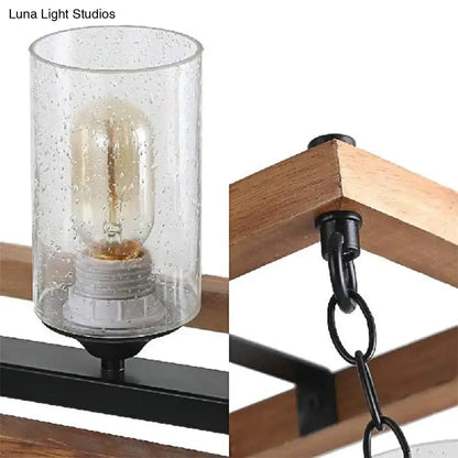 Rustic brown seeded glass island light with wooden trapezoid guard kitchen
