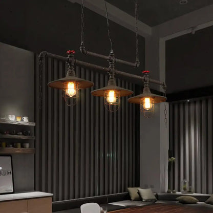 DecorBites™ Rustic Cone Island Pendant Light with Wire Frame, Pipe and 3 Bulbs - Dark Rust Iron Hanging Island Light