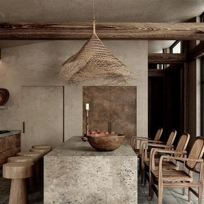 Rustic conical woven twig bamboo led pendant light for dining room