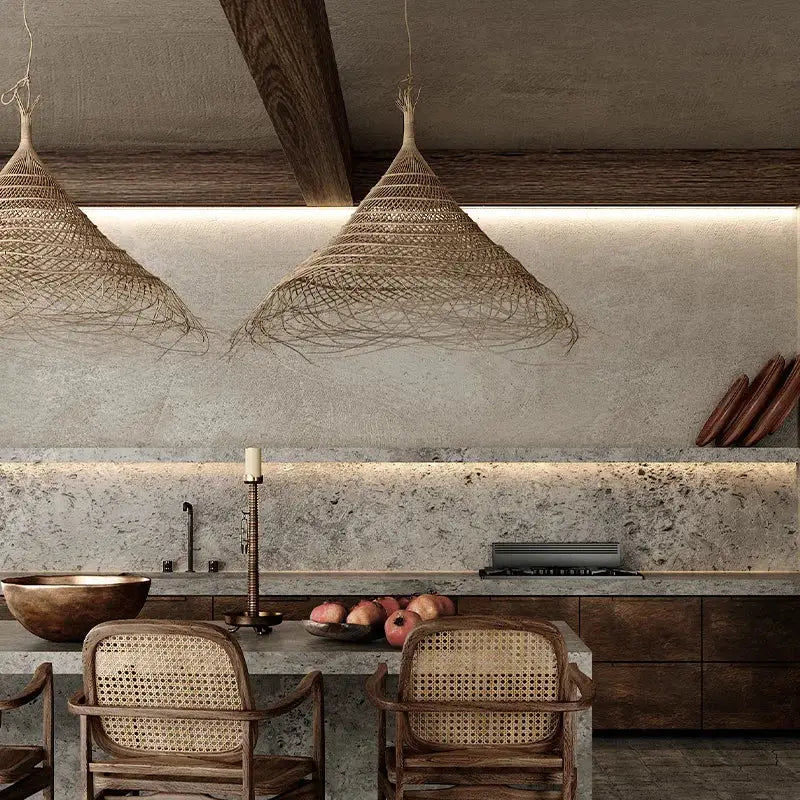 Rustic conical woven twig bamboo led pendant light for dining room