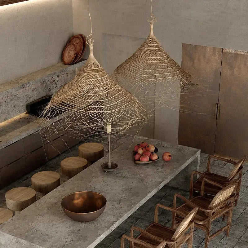Rustic conical woven twig bamboo led pendant light for dining room