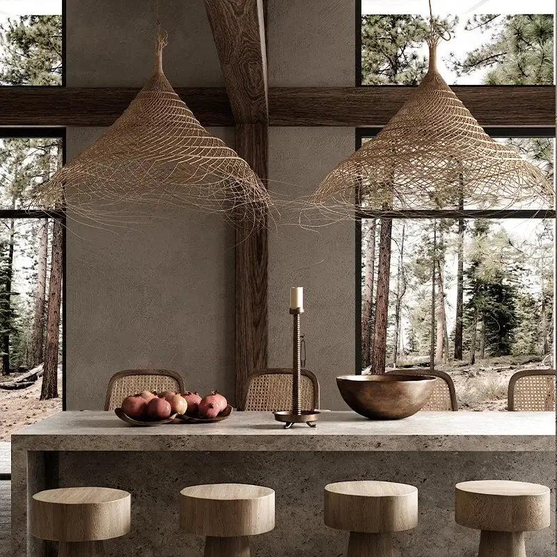 Rustic conical woven twig bamboo led pendant light for dining room